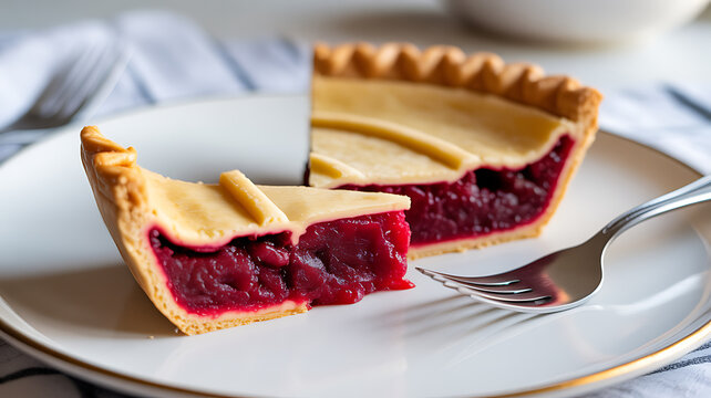 A slice of cherry pie with a flaky crust served on a white plate, accompanied by a fork.