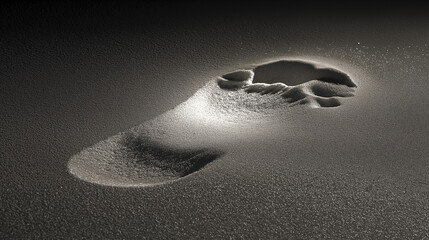 gait. A single footprint in damp sand, the pressure evenly distributed, glowing with a soft therapeutic light. wellbeing guides.