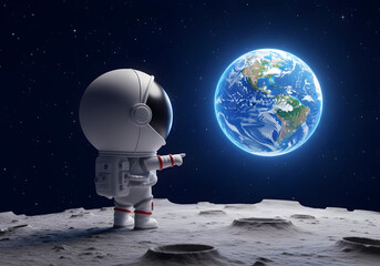 Obraz premium A cute cartoon astronaut stands on the moon, pointing at the Earth in the starry sky.