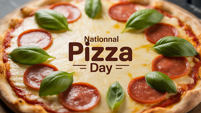 A close-up of a pepperoni pizza topped with fresh basil leaves and melted cheese, celebrating National Pizza Day.