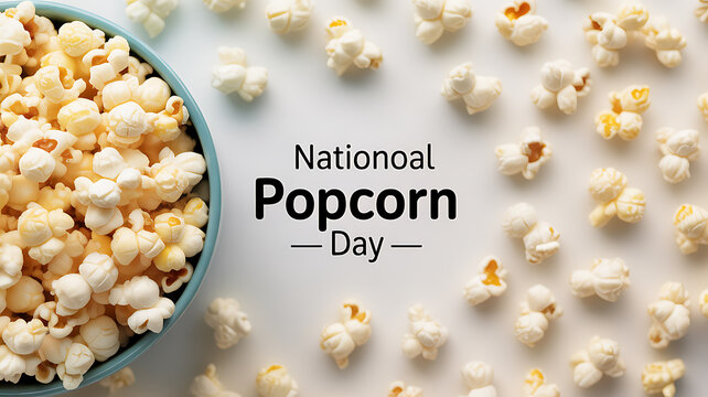 National Popcorn Day celebration with bowl of popcorn and scattered kernels on a light background