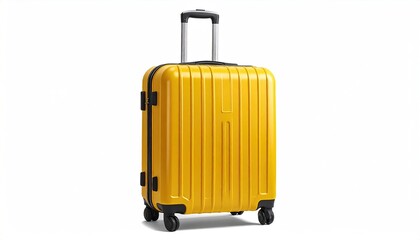 A vibrant yellow carry-on suitcase with a retractable handle and four wheels, isolated on a white background