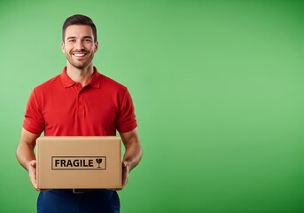Smiling delivery man holding fragile box on green screen studio backdrop, ensuring safe transport with a positive and reliable demeanor.