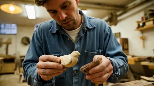 Caucasian man sanding a carved wooden bird, showcasing craftsmanship skill and woodworking hobby, close up footage.