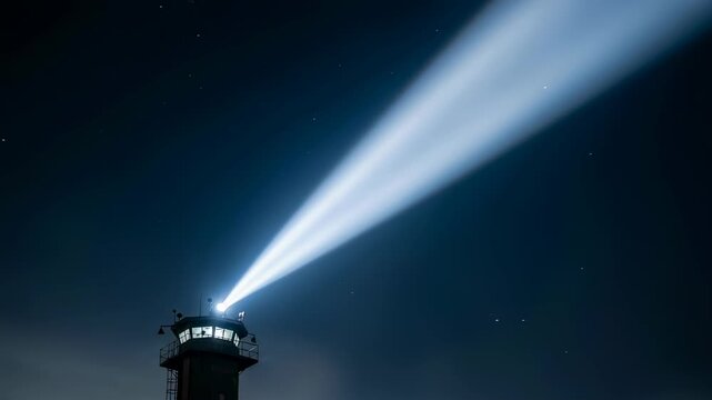 Prison searchlight scanning dark night sky over control tower, security and surveillance concept, footage.