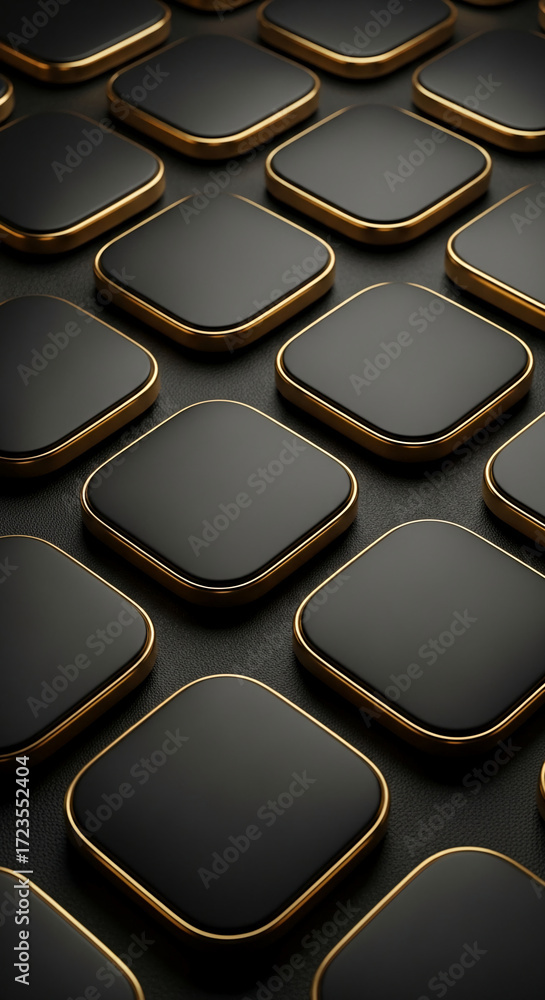 Poster black square tiles with gold rims, arranged in a repeating pattern, create a luxurious and elegant s