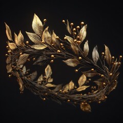 A golden laurel wreath, intricately detailed with dark stems and small golden berries, rests against a dark background, creating a dramatic and elegant image