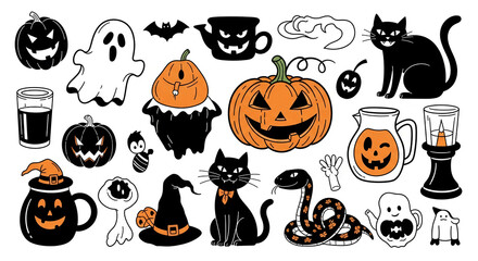 Collection of Halloween icons: pumpkins, ghosts, cats, witch hat, snake, and spooky objects.  Illustrative style, perfect for seasonal designs and branding