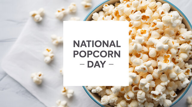 National Popcorn Day celebration with a bowl of freshly popped popcorn on a light surface