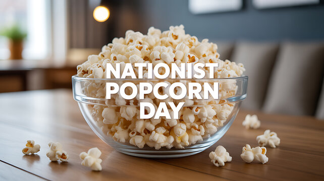 A bowl of popcorn on a wooden table with scattered kernels, featuring text overlay 'NATIONALIST POPCORN DAY'