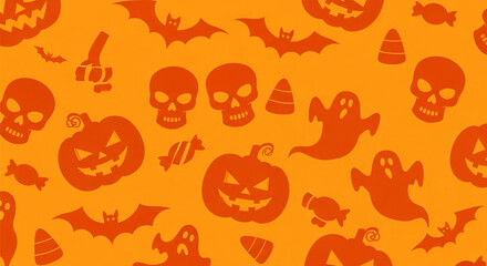 Orange Halloween background with pumpkins, bats, ghosts, skulls, and candy corn silhouettes, creating a festive and spooky atmosphere, perfect for seasonal designs or party invitations