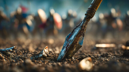 A bloody spear tip on a dark and brutal battlefield, a close-up of an ancient hoplite or roman weapon, a concept of historical war, violence and conflict, a cinematic scene with an army.
