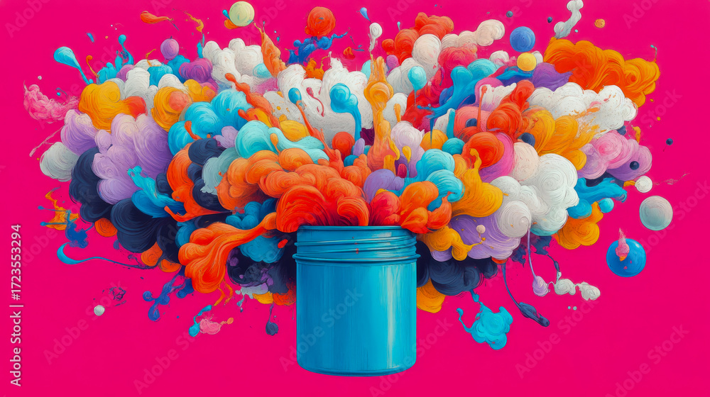Poster energetic display of painterly clouds and liquid splashes in spectrum of hues emanating from blue cy