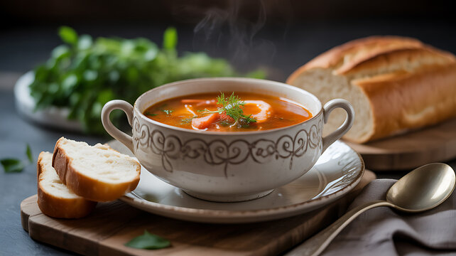 Steaming bowl of vegetable soup served with fresh bread and herbs on a wooden board