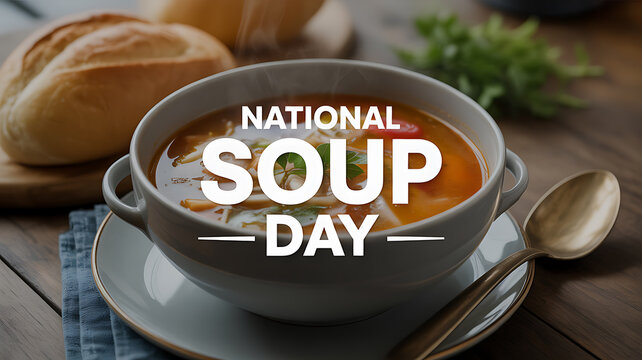 A bowl of soup with bread and herbs on a wooden table, celebrating National Soup Day