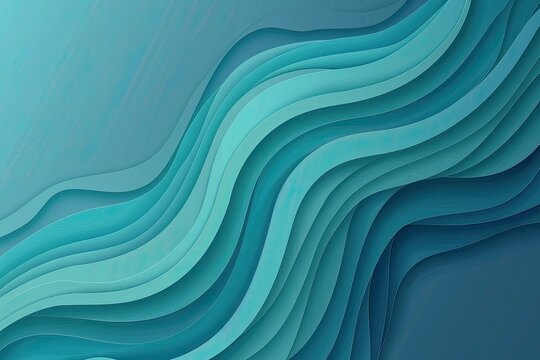 Abstract artwork featuring layered, undulating teal and blue curves, creating a sense of depth and movement, reminiscent of water or flowing fabric