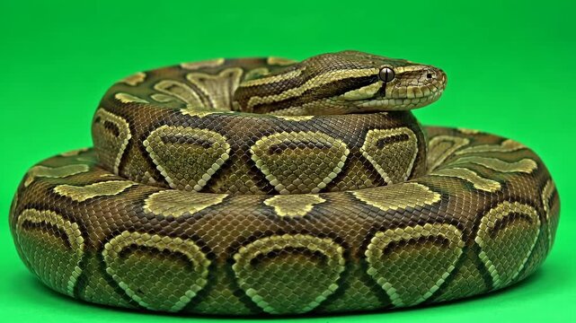 Ball Python Snake coiled on a green screen background