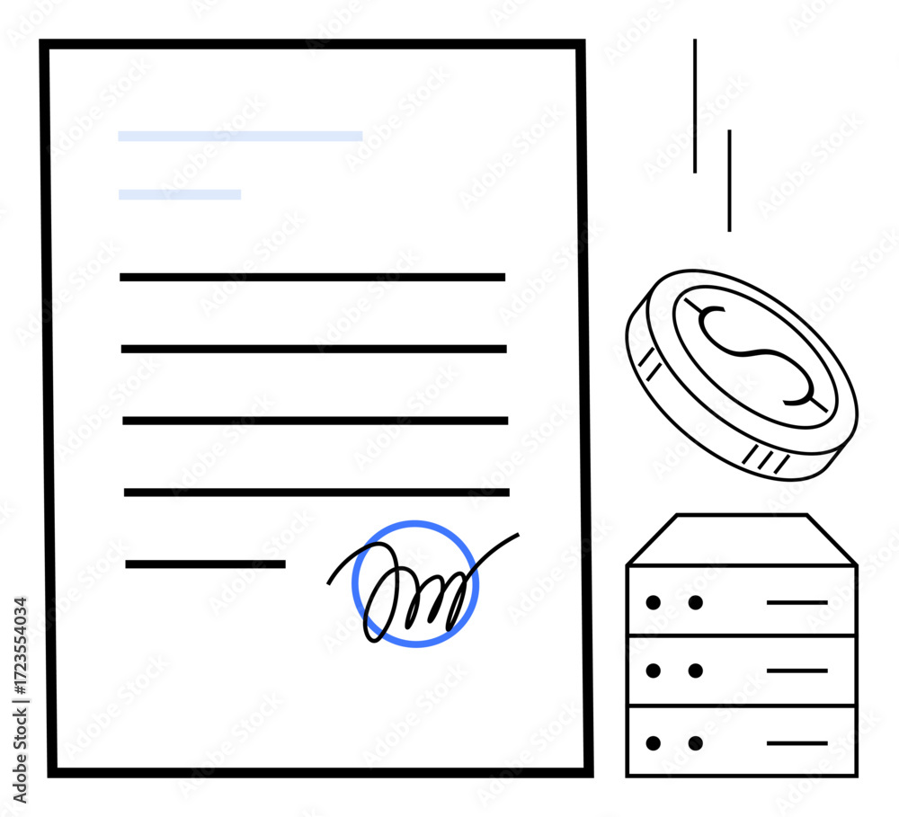 Poster contract with signature, falling coin, and database stack representing transaction, agreement, or di