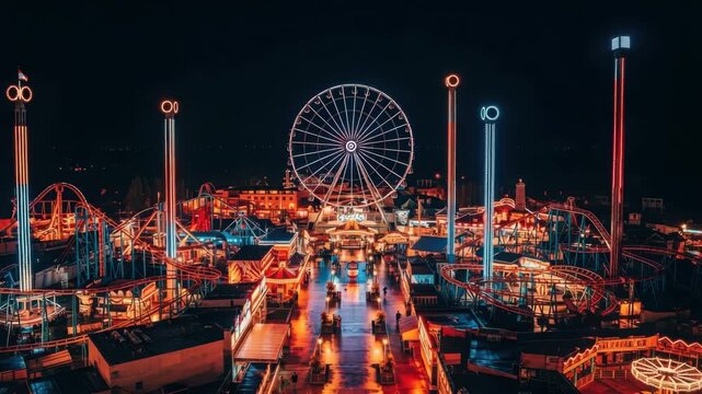 Aerial view of brightly lit amusement park featuring a ferris wheel and rollercoasters at night