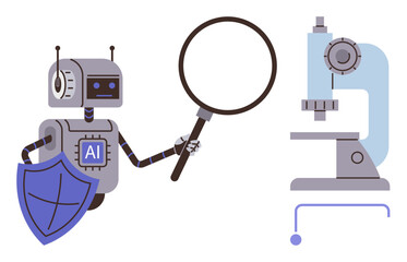 Robot holding shield and magnifying glass near a microscope suggests AI-driven research, data analysis, innovation, science, security, education, exploration, and discovery. Ideal for simple flat
