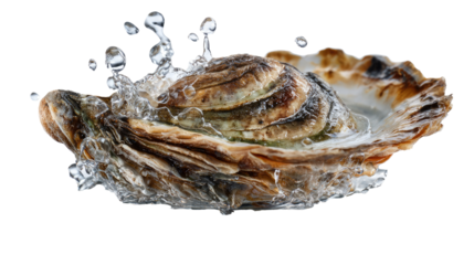 Oyster Splash: A macro shot of an open oyster shell, showcasing the glistening raw oyster flesh as water elegantly splashes, creating a dynamic, tempting food scene.