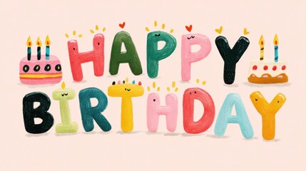 Bright and playful cartoon illustration featuring "Happy Birthday" in fun letters with a cake and candles, clean and modern, no people