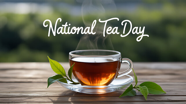 A steaming cup of tea on a wooden table with fresh tea leaves, celebrating National Tea Day.