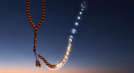 Prayer Beads Transforming into Stars in Night Sky