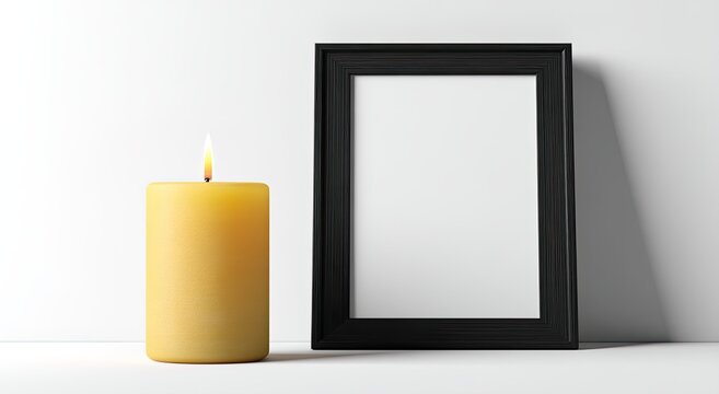 Empty black frame beside a lit, pale yellow candle