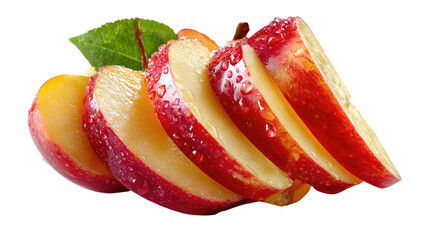 Sliced Apple Delight: This photo of a sliced apple showcases the juicy flesh of the fruit with fresh green leaf. inviting a sense of fresh healthy snacks and nutrition.