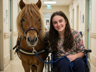 A smiling young girl in a wheelchair poses with a therapy miniature horse in a hospital hallway, highlighting animal-assisted therapy.
