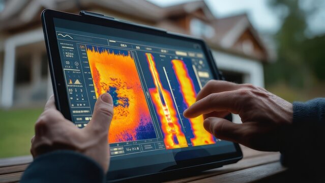 Professional analyzing thermal imaging data on a tablet outdoors, showcasing advanced technology for building diagnostics and energy efficiency.