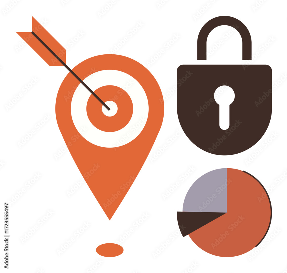 Poster bullseye pin with arrow symbolizes goals, lock suggests data security, pie chart represents analytic