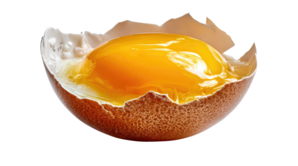 Perfect Egg yolk in shell: A macro close-up of a perfectly cracked egg, revealing a vibrant yellow yolk nestled within the shell. A symbol of nourishment, health, and culinary artistry.