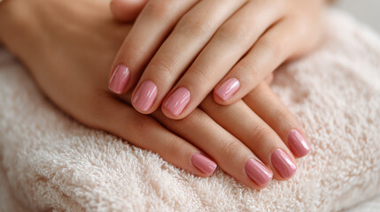 Naklejka premium Well-manicured hands resting on a soft towel, with elegant pink nail polish shining under natural light, creating a serene and calming atmosphere in a cozy setting.
