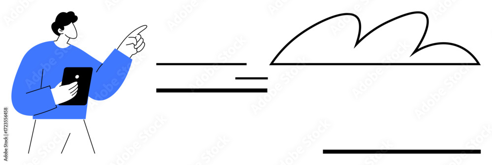 Fototapete man holding tablet pointing towards cloud with lines signifying motion or connection. ideal for tech