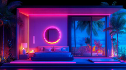 Luxurious futuristic bedroom design bathed in striking neon pink glow, featuring large window with blue-lit tropical foliage and serene ocean horizon.