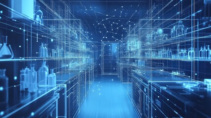 innovtion futuristic wireframe simulation of a pharmaceutical lab