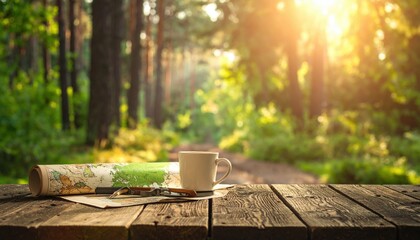 Fototapeta premium Morning Coffee in the Forest: A Rustic Wooden Table Setting