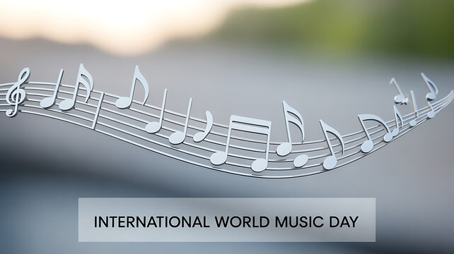 International World Music Day celebration with musical notes on a staff against a blurred natural background