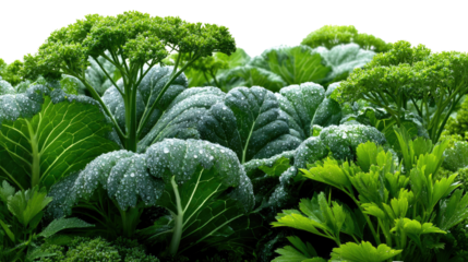 Lush Green Garden Variety: A vibrant assortment of leafy greens, from tender cabbages to fragrant parsley, flourishing under the nurturing sun, showcasing nature's bounty.