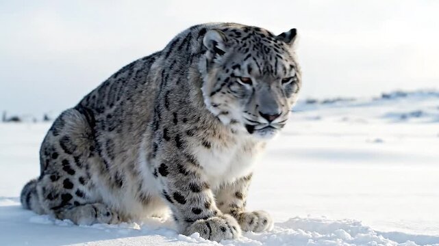 A majestic snow leopard rests peacefully in a snowy expanse, showcasing its stunning spotted coat, adapted to thrive in the harsh mountain environment, a symbol of wilderness