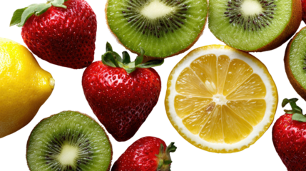 Vibrant Fruit Composition: An appetizing display of fresh strawberries, kiwis, and lemon slices. Each piece bursts with color and vitality, a still life that embodies natural sweetness and freshness.