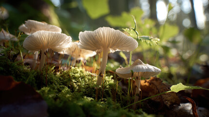 Delicate white mushrooms growing in vibrant green moss under a soft dappled sunlight in a serene forest setting with blurred trees in the background.