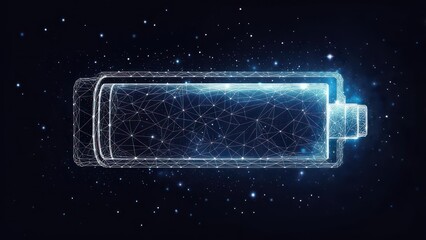 Dynamic digital battery icon glows with futuristic energy against a starry cosmos, symbolizing innovation and power.