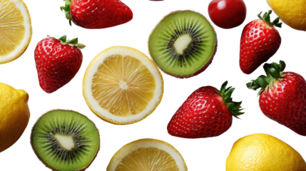 Colorful medley of fresh fruits: A vibrant arrangement of sliced kiwi, juicy strawberries, and zesty lemons, radiating freshness and natural goodness.