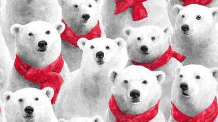 Snowy polar bears with red scarves create a festive seamless winter pattern