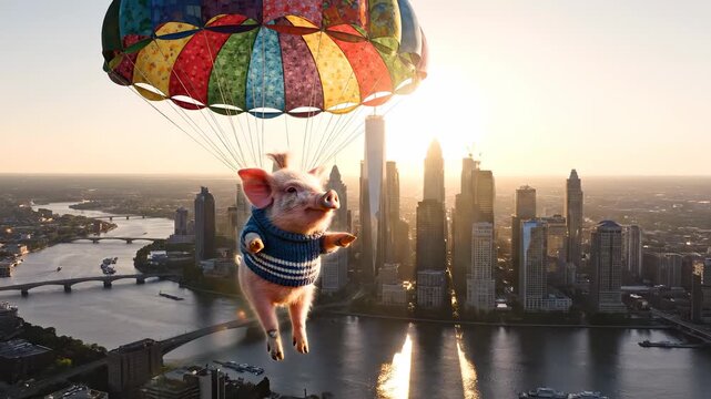 Parachute pig floats above city skyline at sunset. Parachute carries pig over river and bridge. Skyscraper cluster reflects sunlight on river water. Surreal aerial scene blends pig and urban skyline.