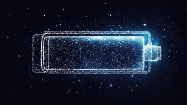 Dynamic digital battery icon glows with futuristic energy against a starry cosmos, symbolizing innovation and power. - Powered by Adobe