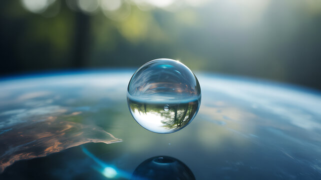 A transparent glass sphere floating above a reflective water surface, capturing a mirrored view of trees and sky.